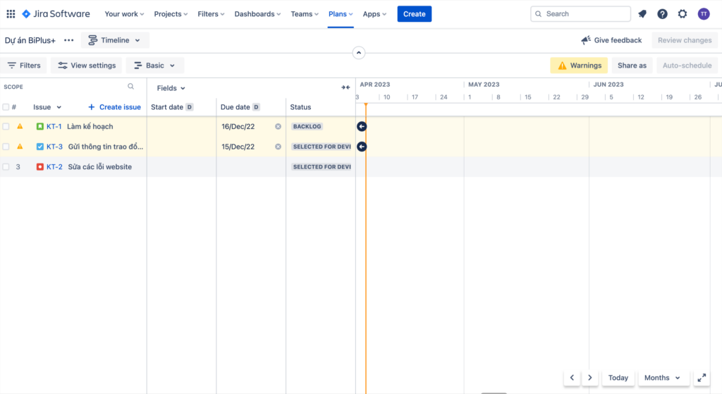 Giao diện Advanced Roadmap