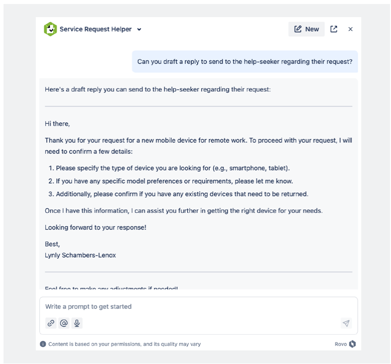 Service Request Helper Rovo Agent